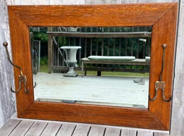 Antique Victorian Mission Tiger Oak Mirror w/ 2 Iron Coat Rack Hooks 1900