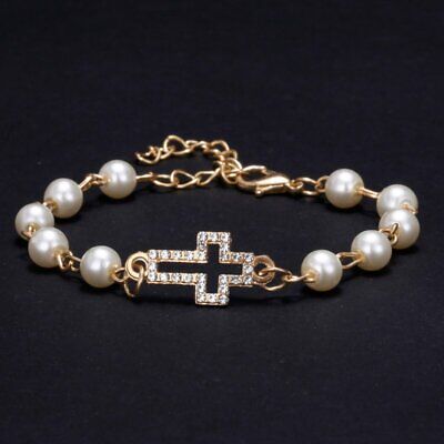 Fashion Women Pearl Rhinestone Hollow Cross Bracelet Bangle Charm Jewelry Gifts