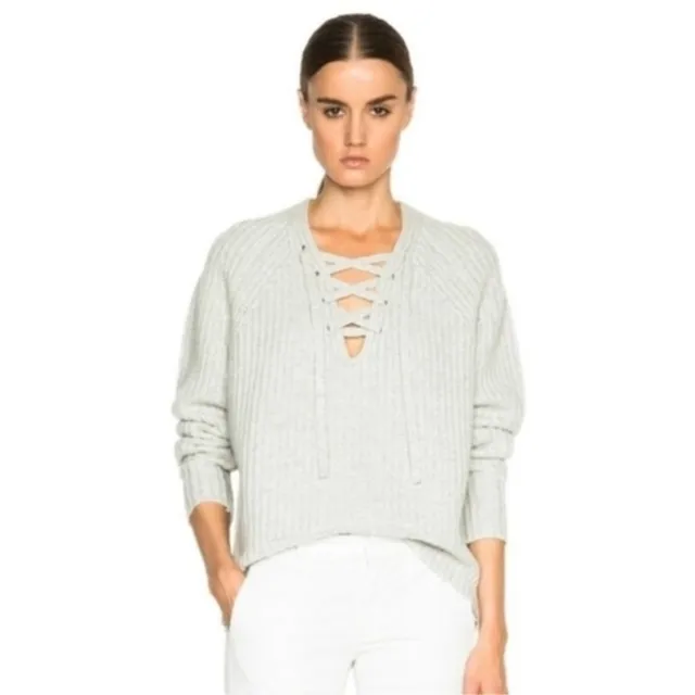 Nili Lotan Light Gray Colored Lace Up 100% Cashmere Chunky Alix Sweater Sz Small