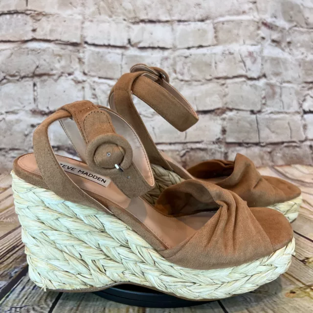 Steve Madden Women's Brown Fabric Open Toe Ankle Strap Jute Wedges Sandals 8.5 M