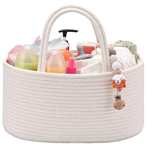 Baby Diaper Caddy Organizer, Rope Diaper Basket, Baby Car Regular White