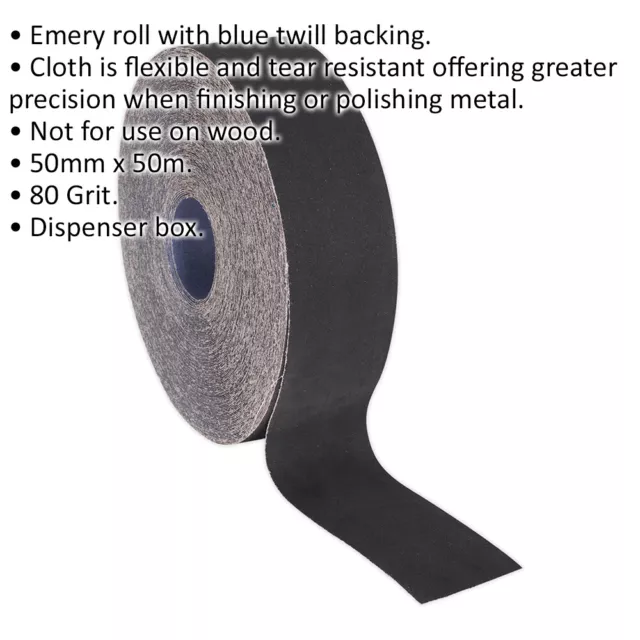 Rollo Emery de sarga azul - 50 mm x 50 m - flexible y resistente al desgarro - 80 arena 2