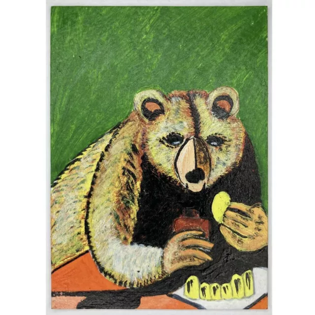 ACEO ORIGINAL PAINTING Mini Collectible Art Card Animal Bear Eating Honey Ooak