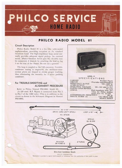 Vintage Philco Home Radio Service Radio Model 81