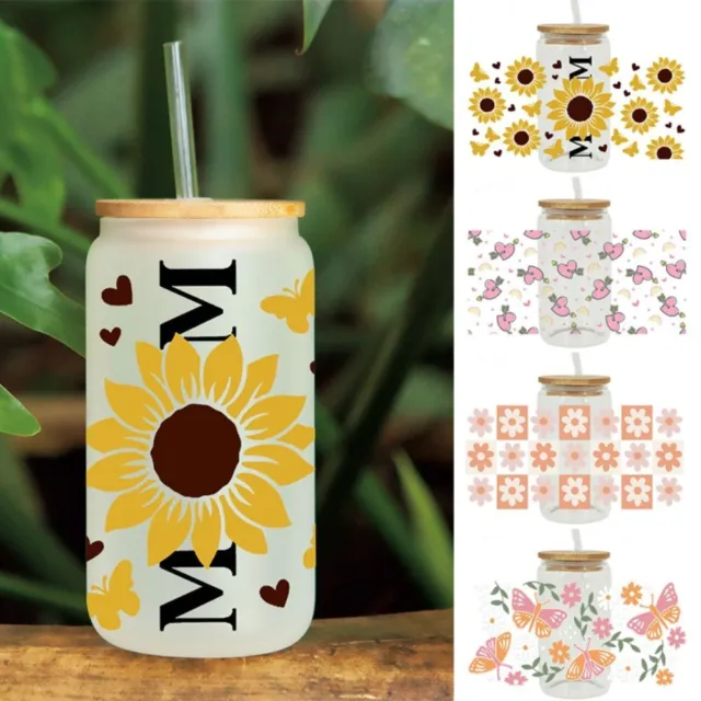 Waterproof Cup Wraps Flower Printed Transfer Cup Stickers  16OZ Glass Cups