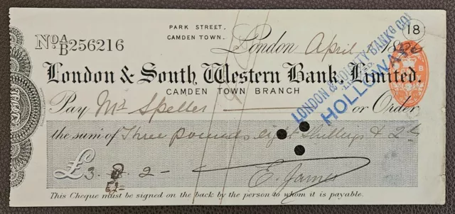 1896 London & South Western Bank, Park Street, Camden Town Branch Cheque.