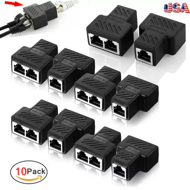 10 Pack RJ45 LAN Ethernet Splitter Adapter 1 to 2 Network LAN Cable Connector US