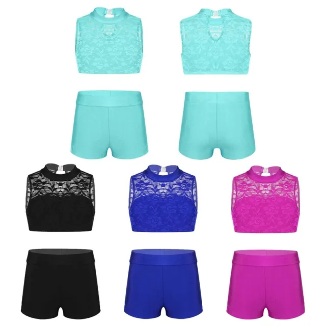 Girls 2 Piece Dance Outfit Gymnastics Ballet Workout Lace Tank Top with Shorts