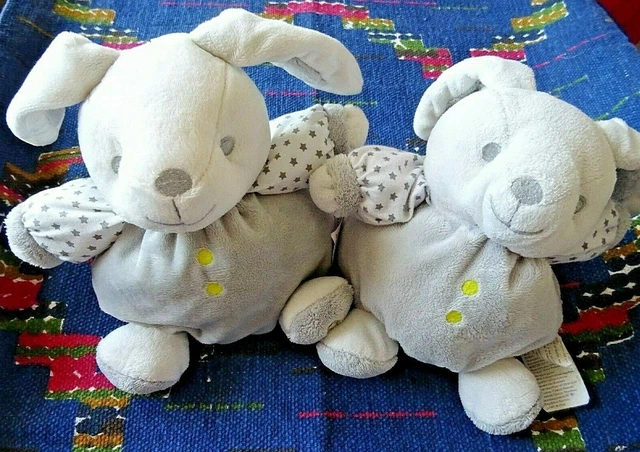 Ib/ Lot De 2 Doudou Peluche Lapin Obaibi Okaidi Gris Blanc Etoile Grelot Tbe