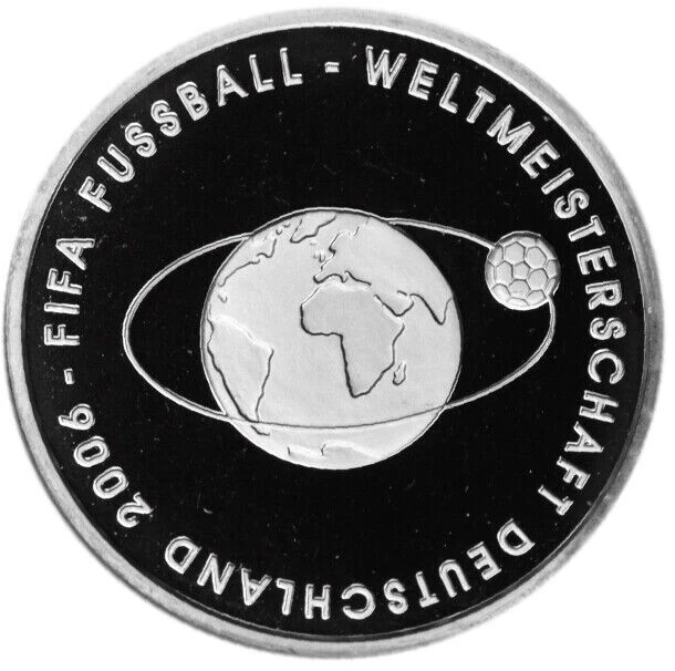GERMANY 10 Euro 2004 Silver 18g. Proof FIFA World Cup Soccer Ball Orbiting Earth