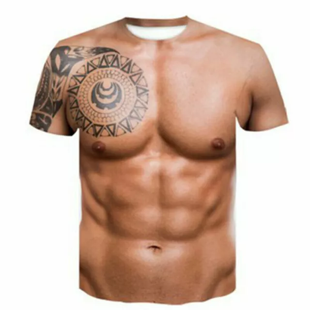 Muscle Tattoo Print T-Shirt Herren Kurzarm 3D Digitaldruck Bluse Tops T-Shirt