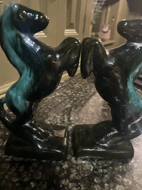 Blue Mountain Pottery Horses  Bookend Vintage Prancing Horse, Black & Green 8 “ 2