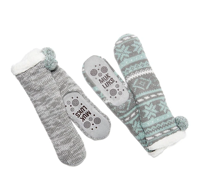 Muk Luks Sherpa Lined Shea Butter Infused Slipper Socks Mint Geometric Sz L/XL