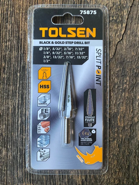 Tolsen Tools Black & Gold Step Drill Bit 1/8"- 1/2" Straight Flute #75875