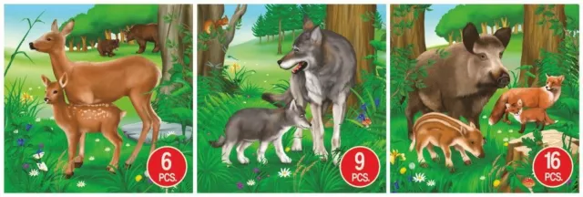 D-Toys Deer Wolf Boar Children's Jigsaw Puzzle Animal 3-Pack - 6, 9 & 16 Piec...
