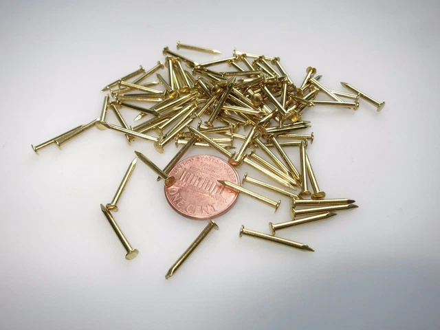 150x Brass Small Tack Nails Escutcheon pins, brads - 16mm x 1.6mm dia. Polished