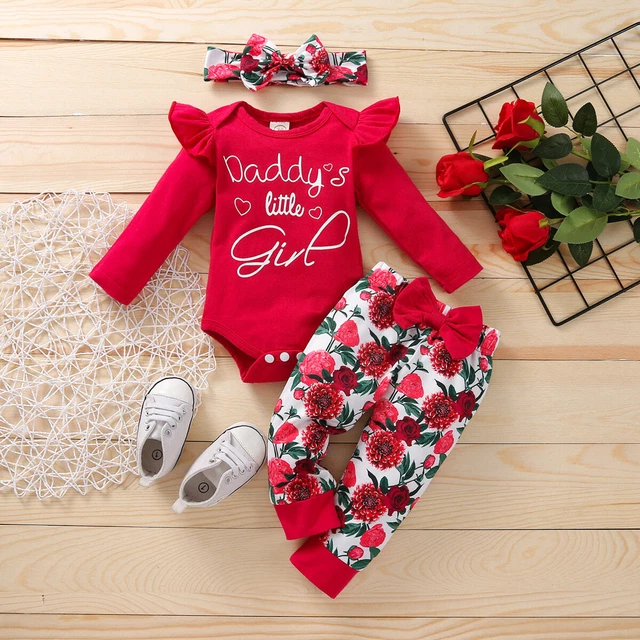 Newborn Infant Baby Girl Rose Outfits Romper Tops Pants Headband Clothes Set