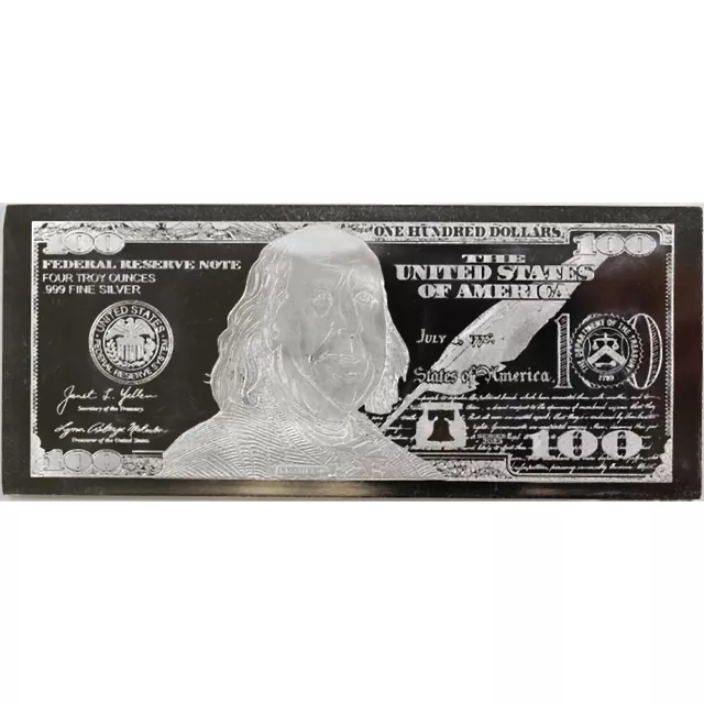 4 Ounce Silver Bar  ($100 Currency Design) ! 4 oz Bullion