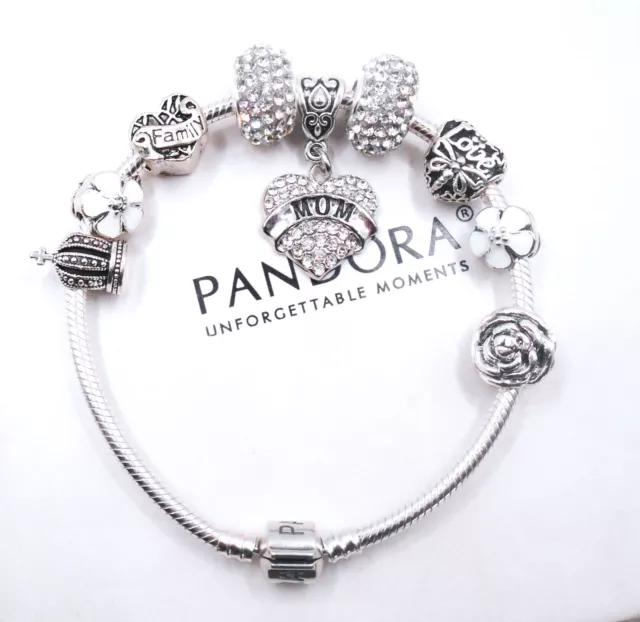 PANDORA SILVER CHARM BRACELET WITH WHITE CRYSTAL HEART LOVE FAMILY CHARMS &  BOX! 