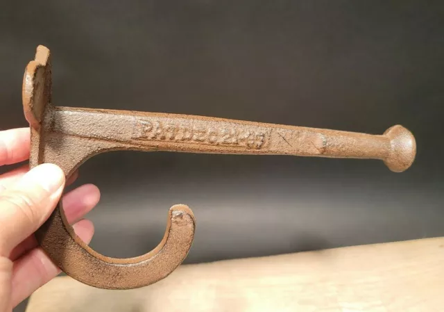 9 1/2" Long Antique Vintage Style Large Cast Iron Hook Coat Hanger PAT DEC 12-69
