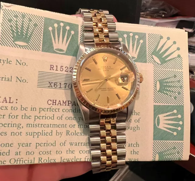 Vintage Rolex 15038 Oyster Perpetual Date 18K Yellow Gold LV Band 34