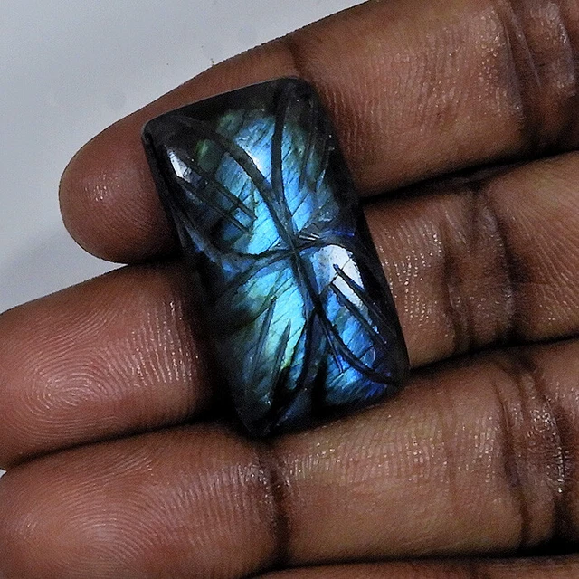 32Cts.Natural Labradorite Carving Octagon Cabochon Loose Gemstone 16X29X06MM I24