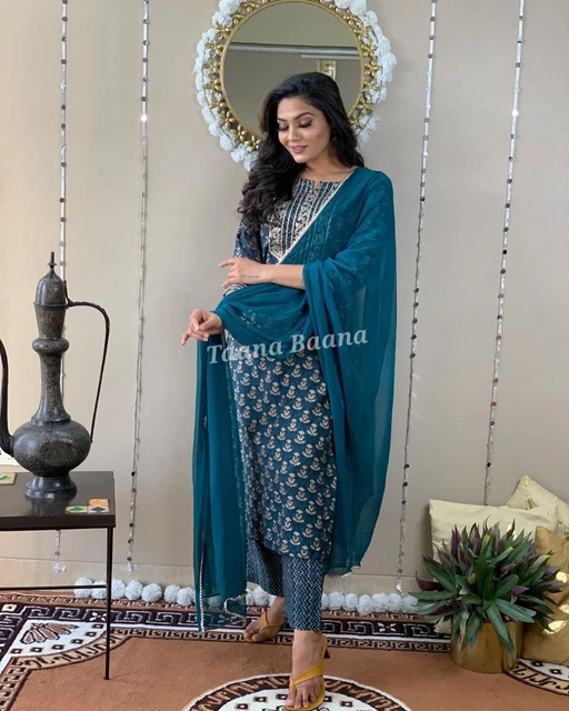 New arrival Embroidery Work straight kurti pant and dupatta set for indian women
