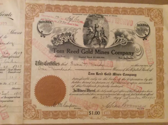 Territory of Arizona Mining Stock Certificate Tom Reed Gold Mines 1907-1909