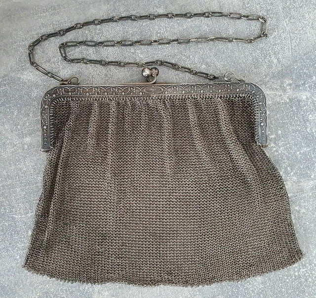 Sac de Bal Argent Massif Cotte de Maille Art Nouveau 223 Gr