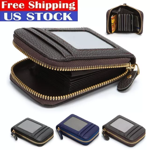 Mens Wallet Credit Card Holder Genuine Leather RFID Blocking Zipper Pocket Thin