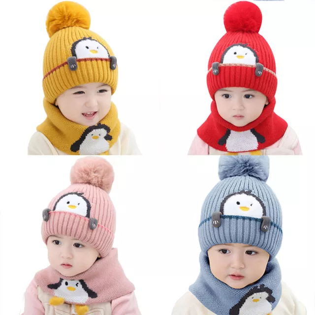 Toddler Kids Baby Boys Girl Warm Winter Pom Bobble Hat Knit Beanie Cap Scarf Set