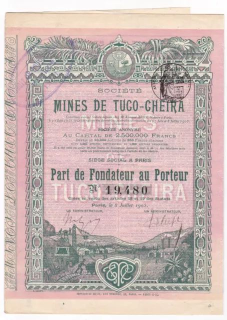 alte Aktie Peru Mines de Tuco-Cheira 1905 Coupon 19480 illustriert Société Kapit