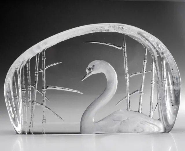 Mats Jonasson Kosta Swan in Bamboo Heavy Sculptured Lead Glass Paperweight 1.4kg