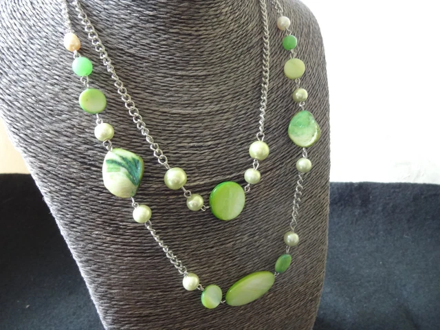 COLLIER CHAÎNE NACRE TEINTEE VERT+AVENTURINE+PERLES CULTURE(fausses)REFLET VERT