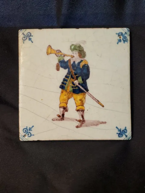 Antique Delft London Polychrome Dutch Tile Soldier Man with Horn and Sword