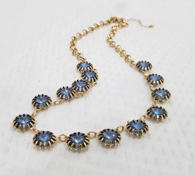 Signed Charming Charlie Gold Tone and Blue Prong-Set Crystals Choker Necklace