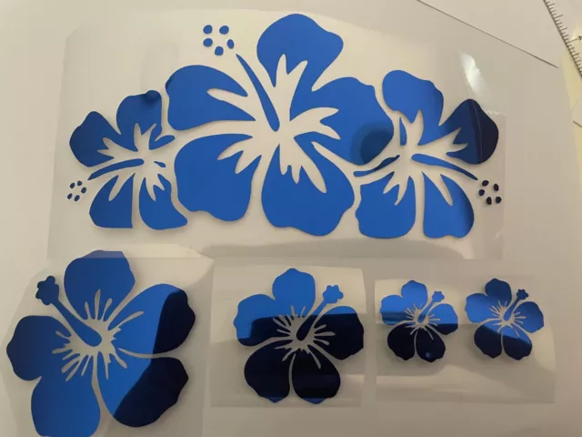 5 X Metallic Blue Hibiscus Flowers Gloss Vinyl Decals Car Waterproof Mirror 19B