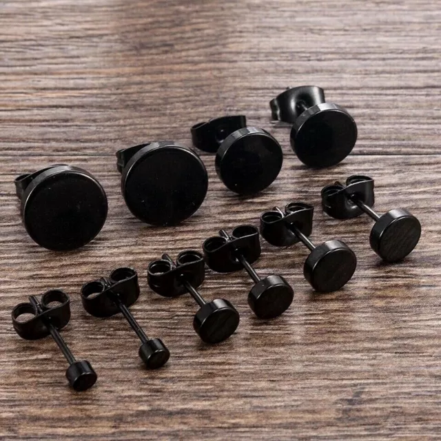 Black Round Stud Stainless Steel Ear Studs Earrings Men Women *UK* 2