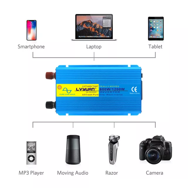 600W Pure Sine Wave Power Inverter DC 12V to AC 230V Converter Trip Travel 2USB 3