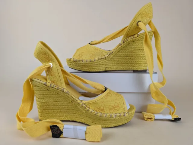 GUESS Halona Strappy Wedge Espadrille Sandals Womens 8.5 M Yellow Boho Shoes NWB