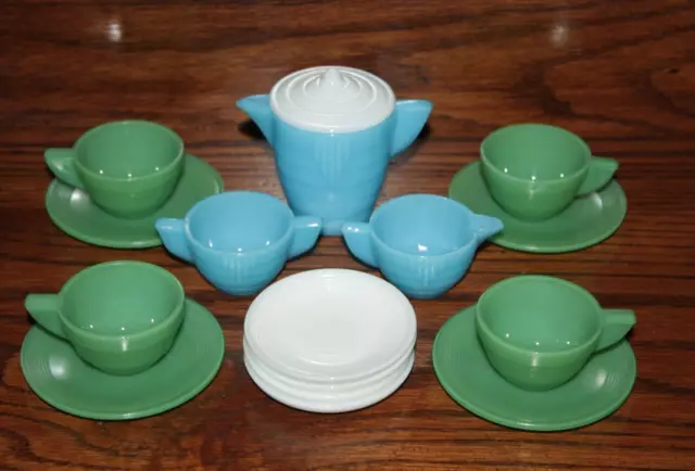 Akro Agate Childs Play Time Glass Tea Dish Set #234 N0 Box 16 Piece w/ Crow Mark