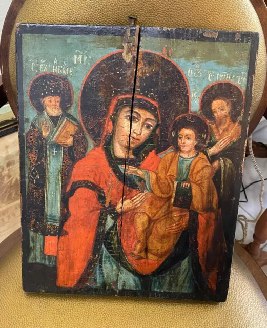 19th century Russian Orthodox Icon Mary and Baby Jesus St John & Nicholas