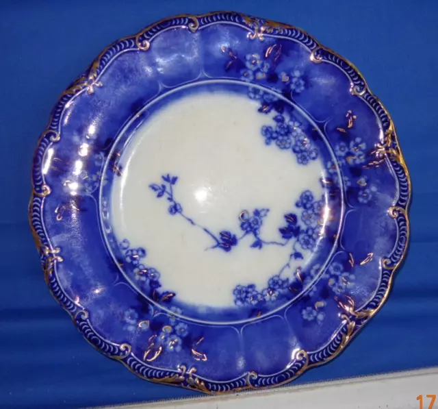 Flow Blue Gold Trim Plate Lugano by Ridgways 10"