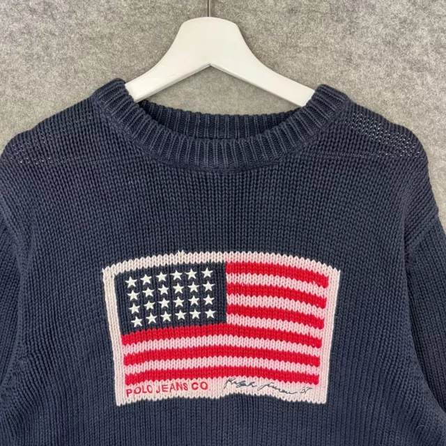 Vintage Ralph Lauren Jumper Mens Medium Blue USA Flag Polo Jeans Sweatshirt Knit 2