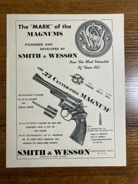 SMITH & WESSON Advertising Sales Sheet 50s Mini Poster 22 Center Fire Magnum Gun