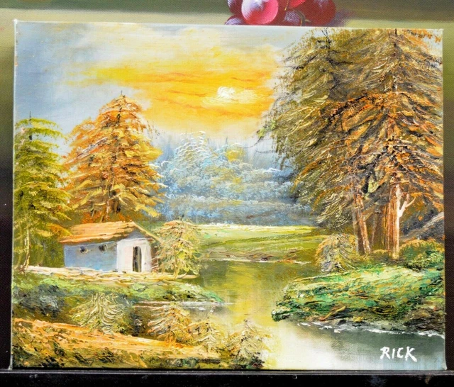 Oil Painting Sunset River Bank House Pine Tree10" Hand Painted Decor Art Gift 96