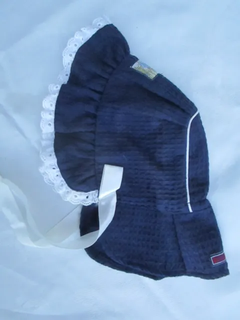 Baby girls  Peter Rabbit navy bonnet hat with white lace trim Size 46cm