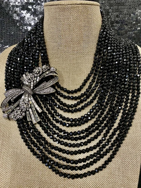 Heidi Daus Best In Bows Black Crystal Accented 13 Strand Bib Necklace Swarovski