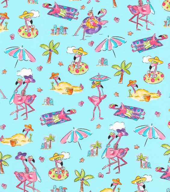 BTY FLAMINGO BEACH on Blue Print Fabric 100% Cotton Quilt Craft Fabric by YARD