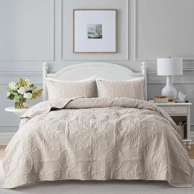 Damask Quilt Queen Size Bedding Sets with Pillow Shams, Boho Lightweight Bedspre
